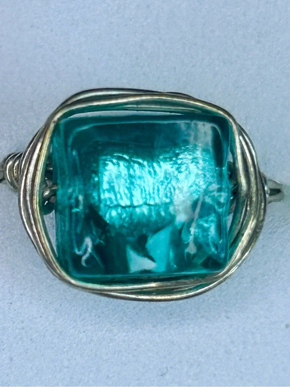 Vintage Artisan Wire Wrapped Aqua Glass Statement Ring (c. 2000s–2010s)
